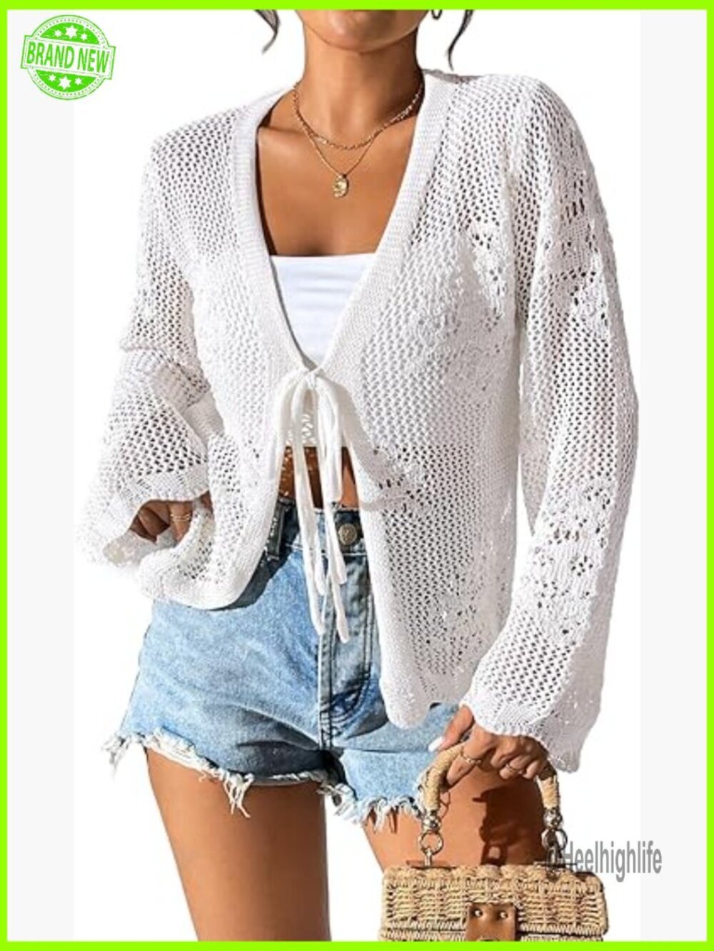 Lightweight Crochet Cardigan Shrug Tie Front Crop Top Cover Up